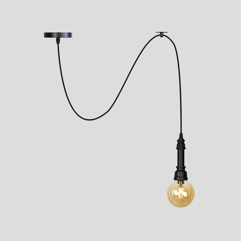 Sphere/Capsule Restaurant Swag Pendant Light Vintage Amber Glass 1-Head Black Pipe Hanging Lamp Fixture Clearhalo 'Ceiling Lights' 'Chandeliers' 'Glass shade' 'Glass' 'Industrial Pendants' 'Industrial' 'Middle Century Pendants' 'Pendant Lights' 'Pendants' 'Tiffany' Lighting' 737474