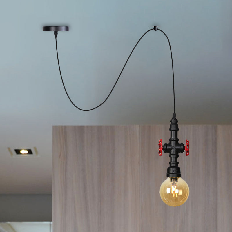 Sphere/Capsule Restaurant Swag Pendant Light Vintage Amber Glass 1-Head Black Pipe Hanging Lamp Fixture Clearhalo 'Ceiling Lights' 'Chandeliers' 'Glass shade' 'Glass' 'Industrial Pendants' 'Industrial' 'Middle Century Pendants' 'Pendant Lights' 'Pendants' 'Tiffany' Lighting' 737477