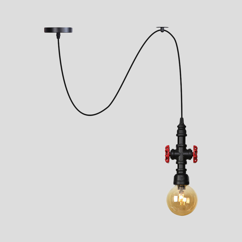 Sphere/Capsule Restaurant Swag Pendant Light Vintage Amber Glass 1-Head Black Pipe Hanging Lamp Fixture Clearhalo 'Ceiling Lights' 'Chandeliers' 'Glass shade' 'Glass' 'Industrial Pendants' 'Industrial' 'Middle Century Pendants' 'Pendant Lights' 'Pendants' 'Tiffany' Lighting' 737479