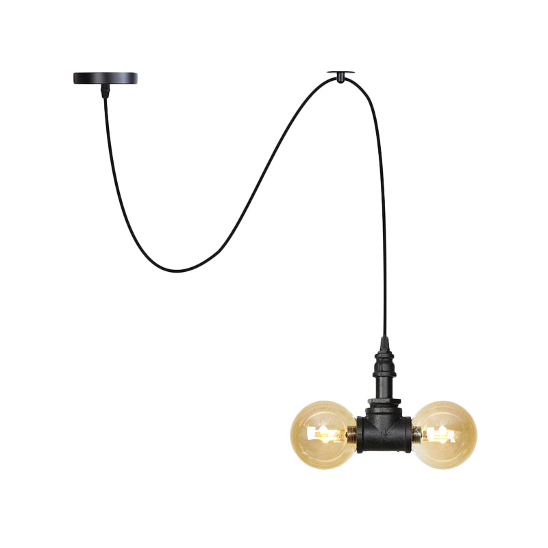Amber Glass Black Pendant Chandelier Spherical/Capsule 2 Heads Antiqued Suspension Lamp with Swag Design Clearhalo 'Ceiling Lights' 'Chandeliers' 'Glass shade' 'Glass' 'Industrial Chandeliers' 'Industrial' 'Middle Century Chandeliers' 'Pendant Lights' 'Tiffany' Lighting' 737511