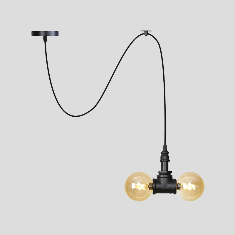 Amber Glass Black Pendant Chandelier Spherical/Capsule 2 Heads Antiqued Suspension Lamp with Swag Design Clearhalo 'Ceiling Lights' 'Chandeliers' 'Glass shade' 'Glass' 'Industrial Chandeliers' 'Industrial' 'Middle Century Chandeliers' 'Pendant Lights' 'Tiffany' Lighting' 737512