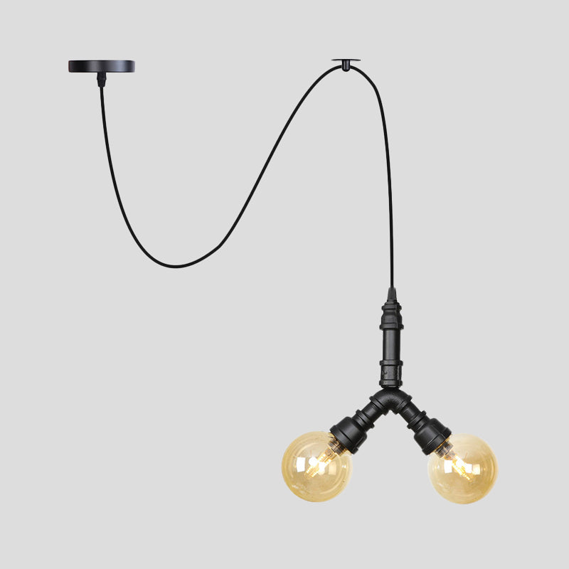Amber Glass Black Pendant Chandelier Spherical/Capsule 2 Heads Antiqued Suspension Lamp with Swag Design Clearhalo 'Ceiling Lights' 'Chandeliers' 'Glass shade' 'Glass' 'Industrial Chandeliers' 'Industrial' 'Middle Century Chandeliers' 'Pendant Lights' 'Tiffany' Lighting' 737517