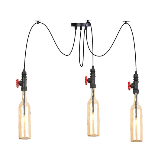 Industrial Bottle Multi Pendant Light 2/3-Head Amber Glass Swag Suspension Lamp in Black Clearhalo 'Ceiling Lights' 'Chandeliers' 'Glass shade' 'Glass' 'Industrial Pendants' 'Industrial' 'Middle Century Pendants' 'Pendant Lights' 'Pendants' 'Tiffany' Lighting' 737539