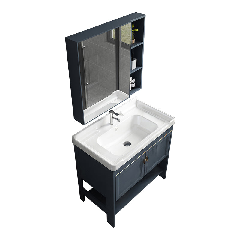 Modern Single Blue Sink Vanity Freestanding Metal Base Bath Vanity Vanity & Faucet & Mirror Cabinet Square Mirror Clearhalo 'Bathroom Remodel & Bathroom Fixtures' 'Bathroom Vanities' 'bathroom_vanities' 'Home Improvement' 'home_improvement' 'home_improvement_bathroom_vanities' 7375496