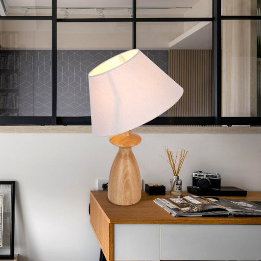 Barrel Table Light Modern Fabric 1 Light Study Room Reading Book Lamp in White with Urn Wood Base White Clearhalo 'Lamps' 'Table Lamps' Lighting' 737577