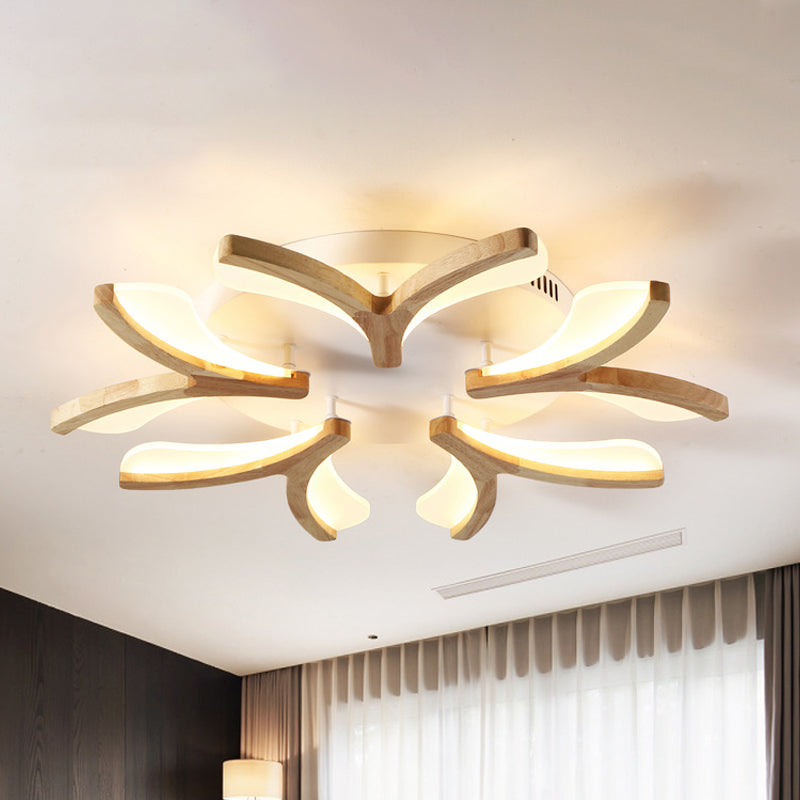 Wood Y-Shape Semi Flush Light Fixture Modernist 3/5 Heads 23.5"/27.5" W LED Ceiling Mounted Lamp, Warm/White Light Wood 27.5" Clearhalo 'Ceiling Lights' 'Close To Ceiling Lights' 'Close to ceiling' 'Semi-flushmount' Lighting' 737619