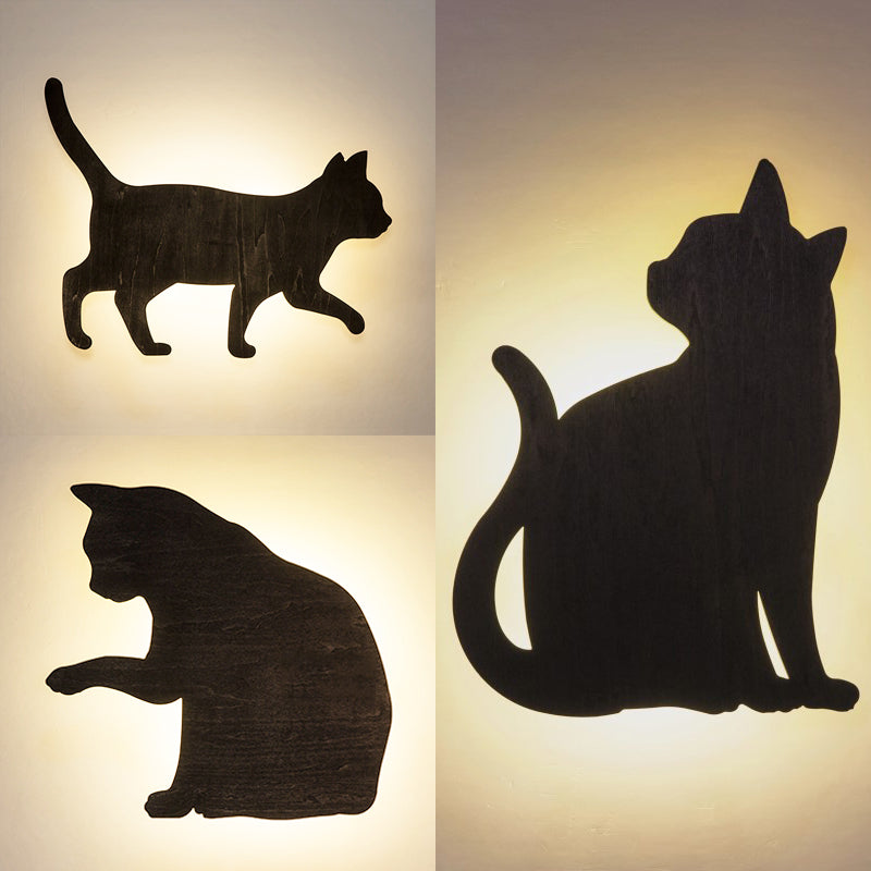 Kitten Kid Bedroom Hallway Sconce Light Wood Animal LED Wall Sconce in Black Finish Clearhalo 'Wall Lamps & Sconces' 'Wall Lights' Lighting' 73762