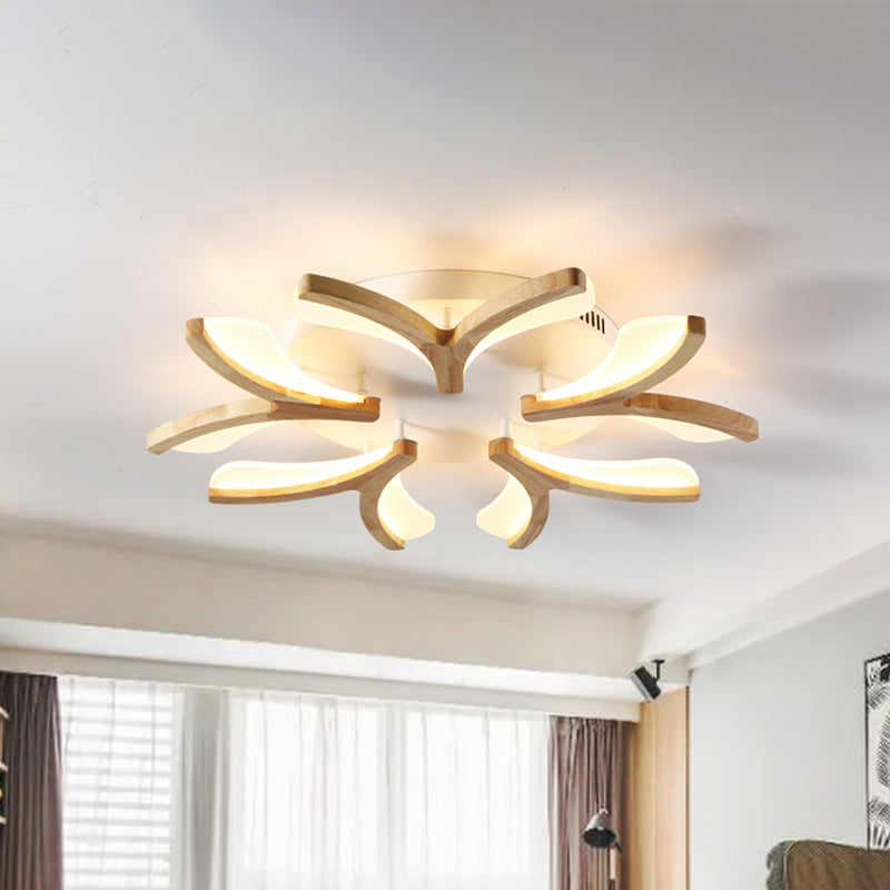 Wood Y-Shape Semi Flush Light Fixture Modernist 3/5 Heads 23.5"/27.5" W LED Ceiling Mounted Lamp, Warm/White Light Clearhalo 'Ceiling Lights' 'Close To Ceiling Lights' 'Close to ceiling' 'Semi-flushmount' Lighting' 737620