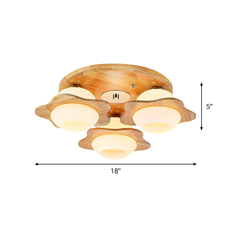 Trapped Floral Wood Flush Mount Modernist 3/5 Lights Beige Flush Lamp Fixture with Ball Frosted Glass Shade Clearhalo 'Ceiling Lights' 'Close To Ceiling Lights' 'Close to ceiling' 'Flush mount' Lighting' 737631