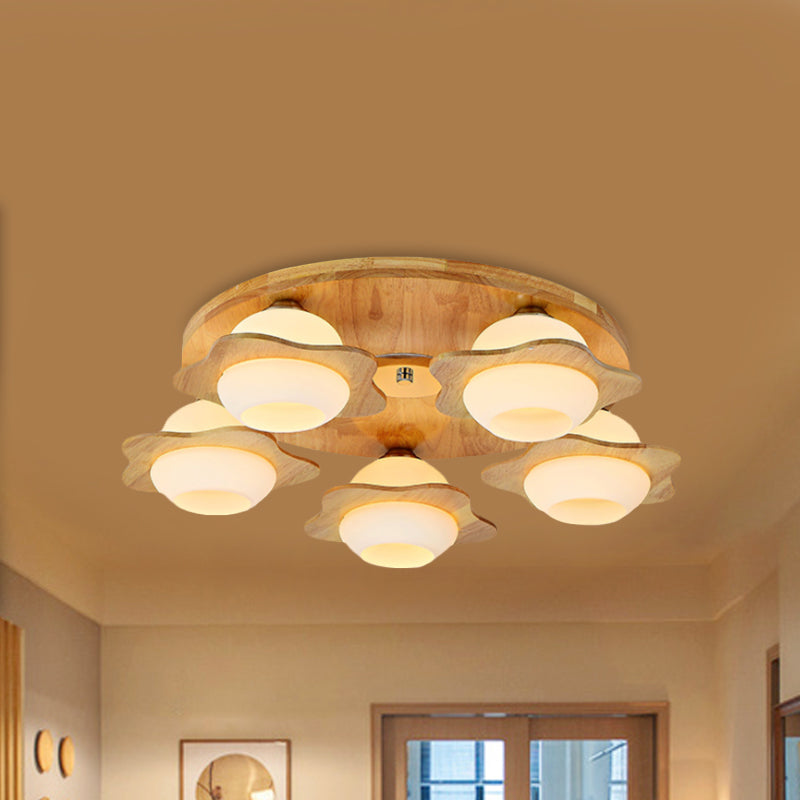 Trapped Floral Wood Flush Mount Modernist 3/5 Lights Beige Flush Lamp Fixture with Ball Frosted Glass Shade Clearhalo 'Ceiling Lights' 'Close To Ceiling Lights' 'Close to ceiling' 'Flush mount' Lighting' 737633