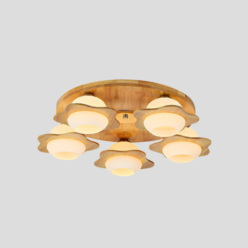 Trapped Floral Wood Flush Mount Modernist 3/5 Lights Beige Flush Lamp Fixture with Ball Frosted Glass Shade Clearhalo 'Ceiling Lights' 'Close To Ceiling Lights' 'Close to ceiling' 'Flush mount' Lighting' 737635