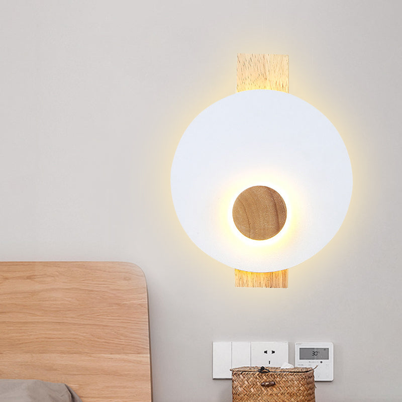Black/Grey/White Disk Wall Light Fixture Minimalist LED Metal Sconce with Wood Backplate for Bedroom White Clearhalo 'Modern wall lights' 'Modern' 'Wall Lamps & Sconces' 'Wall Lights' Lighting' 737637