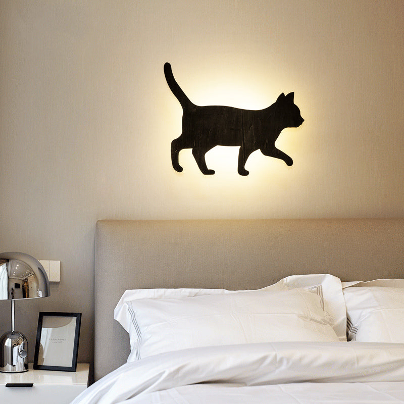 Kitten Kid Bedroom Hallway Sconce Light Wood Animal LED Wall Sconce in Black Finish Clearhalo 'Wall Lamps & Sconces' 'Wall Lights' Lighting' 73764