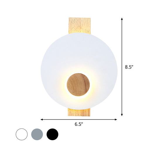 Black/Grey/White Disk Wall Light Fixture Minimalist LED Metal Sconce with Wood Backplate for Bedroom Clearhalo 'Modern wall lights' 'Modern' 'Wall Lamps & Sconces' 'Wall Lights' Lighting' 737640