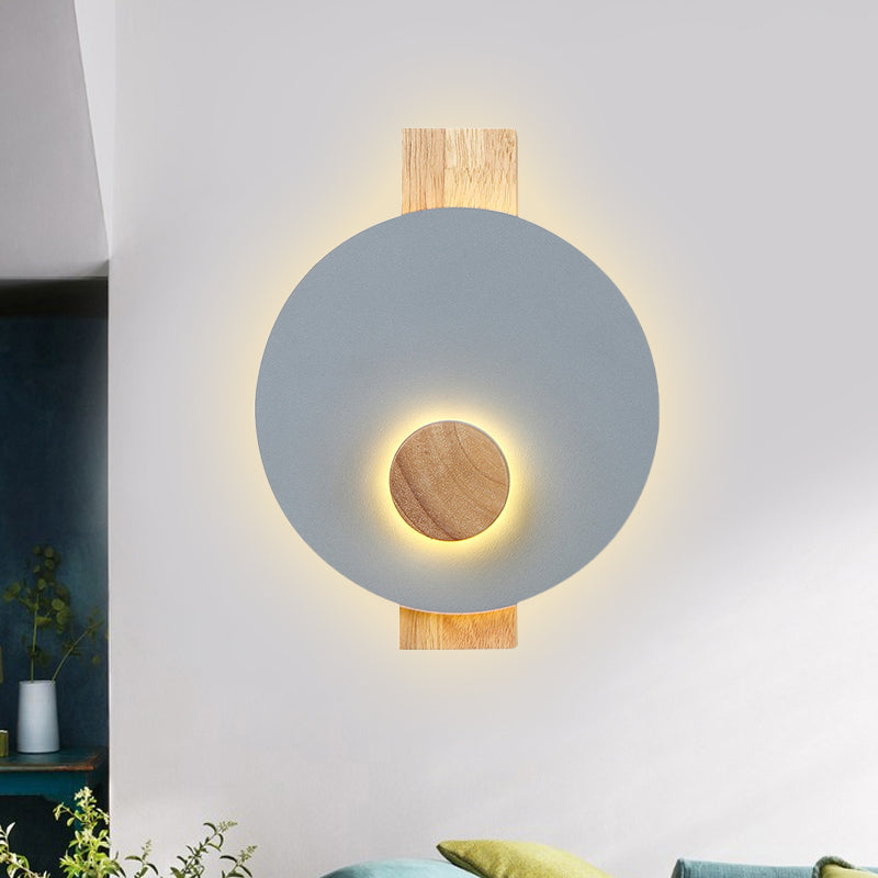 Black/Grey/White Disk Wall Light Fixture Minimalist LED Metal Sconce with Wood Backplate for Bedroom Grey Clearhalo 'Modern wall lights' 'Modern' 'Wall Lamps & Sconces' 'Wall Lights' Lighting' 737641