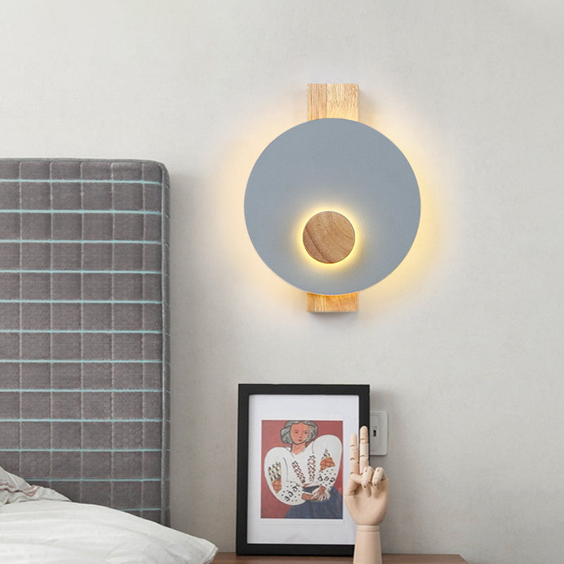 Black/Grey/White Disk Wall Light Fixture Minimalist LED Metal Sconce with Wood Backplate for Bedroom Clearhalo 'Modern wall lights' 'Modern' 'Wall Lamps & Sconces' 'Wall Lights' Lighting' 737642
