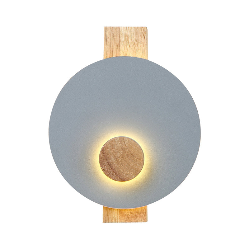 Black/Grey/White Disk Wall Light Fixture Minimalist LED Metal Sconce with Wood Backplate for Bedroom Clearhalo 'Modern wall lights' 'Modern' 'Wall Lamps & Sconces' 'Wall Lights' Lighting' 737643