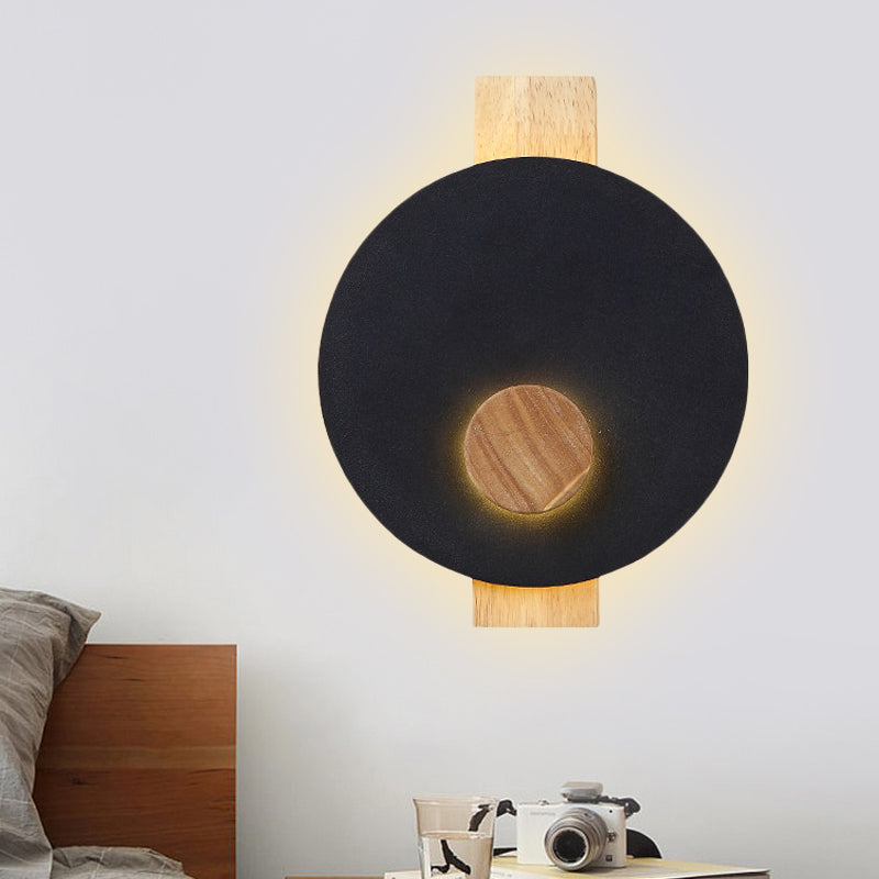 Black/Grey/White Disk Wall Light Fixture Minimalist LED Metal Sconce with Wood Backplate for Bedroom Black Clearhalo 'Modern wall lights' 'Modern' 'Wall Lamps & Sconces' 'Wall Lights' Lighting' 737645