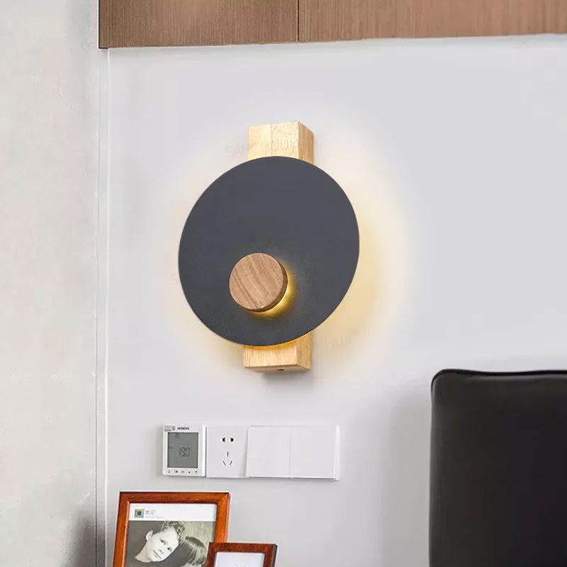 Black/Grey/White Disk Wall Light Fixture Minimalist LED Metal Sconce with Wood Backplate for Bedroom Clearhalo 'Modern wall lights' 'Modern' 'Wall Lamps & Sconces' 'Wall Lights' Lighting' 737646