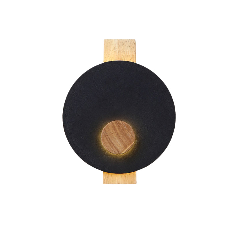Black/Grey/White Disk Wall Light Fixture Minimalist LED Metal Sconce with Wood Backplate for Bedroom Clearhalo 'Modern wall lights' 'Modern' 'Wall Lamps & Sconces' 'Wall Lights' Lighting' 737647