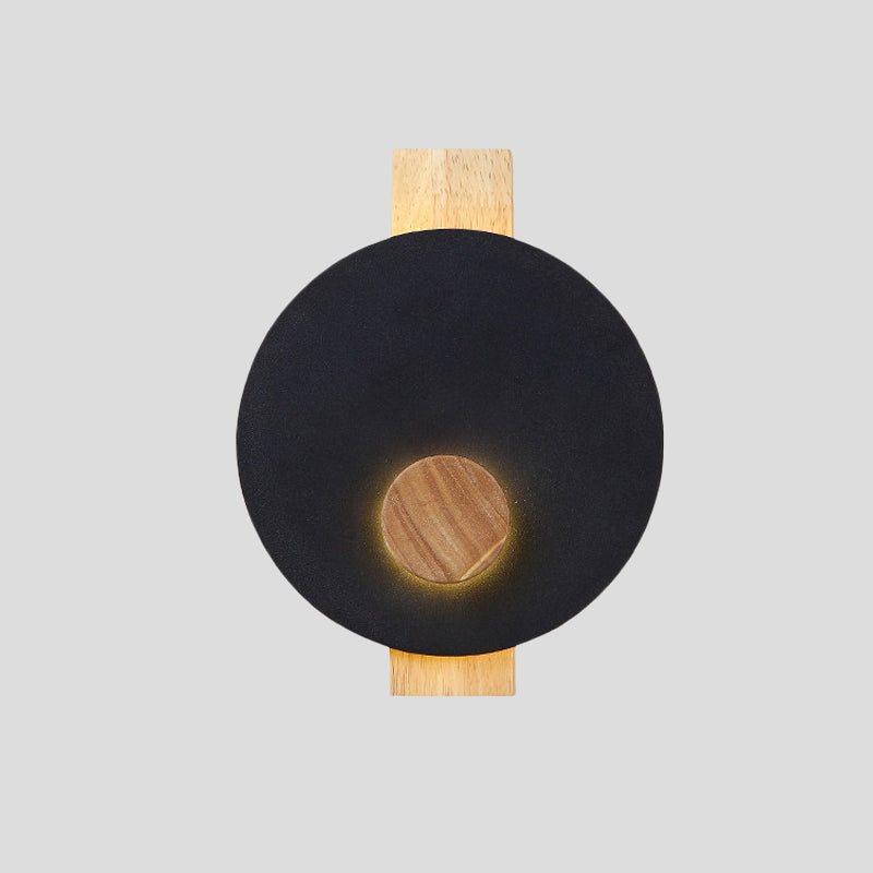 Black/Grey/White Disk Wall Light Fixture Minimalist LED Metal Sconce with Wood Backplate for Bedroom Clearhalo 'Modern wall lights' 'Modern' 'Wall Lamps & Sconces' 'Wall Lights' Lighting' 737648