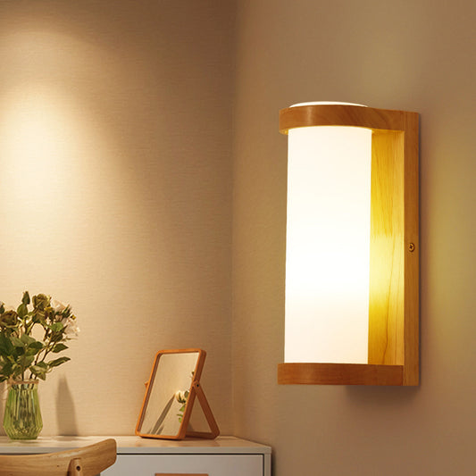 Simple Rectangle Sconce Lighting Wood 1 Head Corner Wall Mount Lamp with Tube Opal Glass Shade Wood Clearhalo 'Modern wall lights' 'Modern' 'Wall Lamps & Sconces' 'Wall Lights' Lighting' 737654