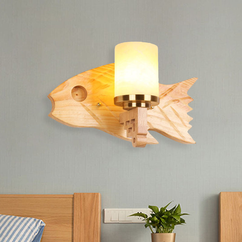 Cylinder Wall Mount Light Modernist Cracked Glass 1 Light Bedroom Sconce Lamp with Fish Wood Backplate Wood Clearhalo 'Modern wall lights' 'Modern' 'Wall Lamps & Sconces' 'Wall Lights' Lighting' 737658