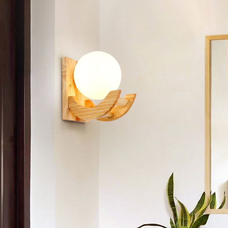 Arced Arm Wood Sconce Light Fixture Modern 1 Bulb Beige Wall Mounted Lamp with Orb White Glass Shade Wood Clearhalo 'Modern wall lights' 'Modern' 'Wall Lamps & Sconces' 'Wall Lights' Lighting' 737662