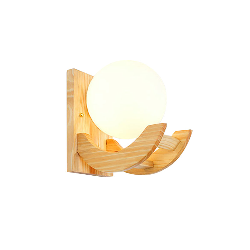Arced Arm Wood Sconce Light Fixture Modern 1 Bulb Beige Wall Mounted Lamp with Orb White Glass Shade Clearhalo 'Modern wall lights' 'Modern' 'Wall Lamps & Sconces' 'Wall Lights' Lighting' 737663