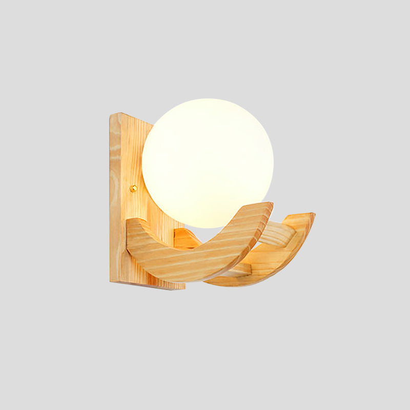 Arced Arm Wood Sconce Light Fixture Modern 1 Bulb Beige Wall Mounted Lamp with Orb White Glass Shade Clearhalo 'Modern wall lights' 'Modern' 'Wall Lamps & Sconces' 'Wall Lights' Lighting' 737664