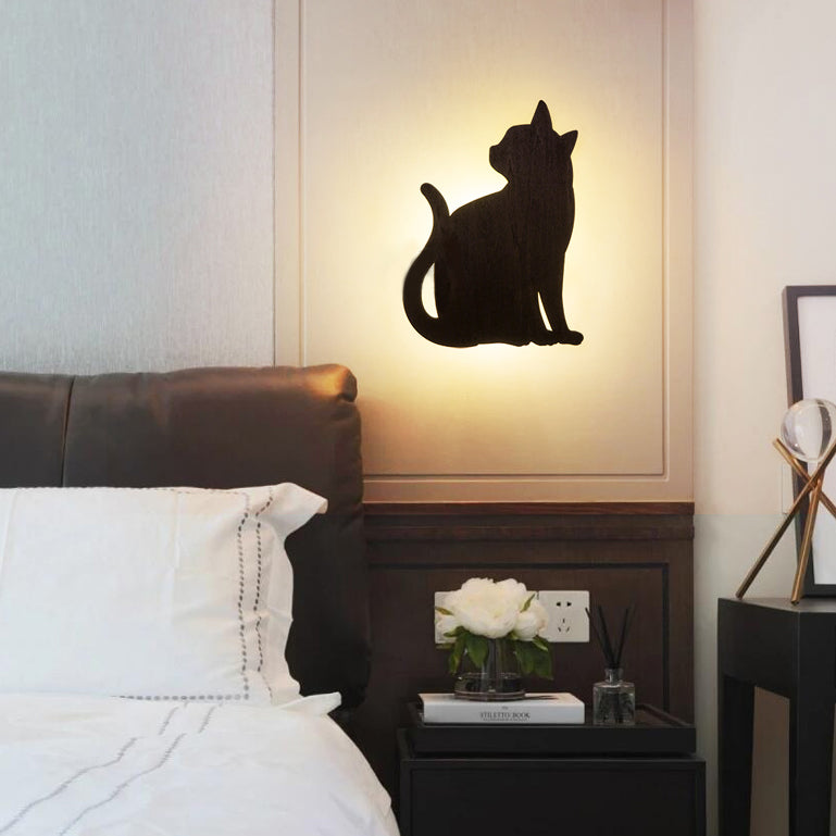 Kitten Kid Bedroom Hallway Sconce Light Wood Animal LED Wall Sconce in Black Finish Clearhalo 'Wall Lamps & Sconces' 'Wall Lights' Lighting' 73767