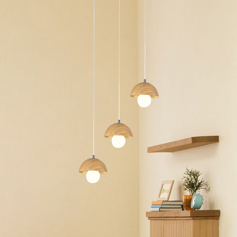 Wood Dome Multi Light Pendant Chandelier Modern 3 Bulbs Beige Hanging Ceiling Lamp Wood Clearhalo 'Ceiling Lights' 'Modern Pendants' 'Modern' 'Pendant Lights' 'Pendants' Lighting' 737684