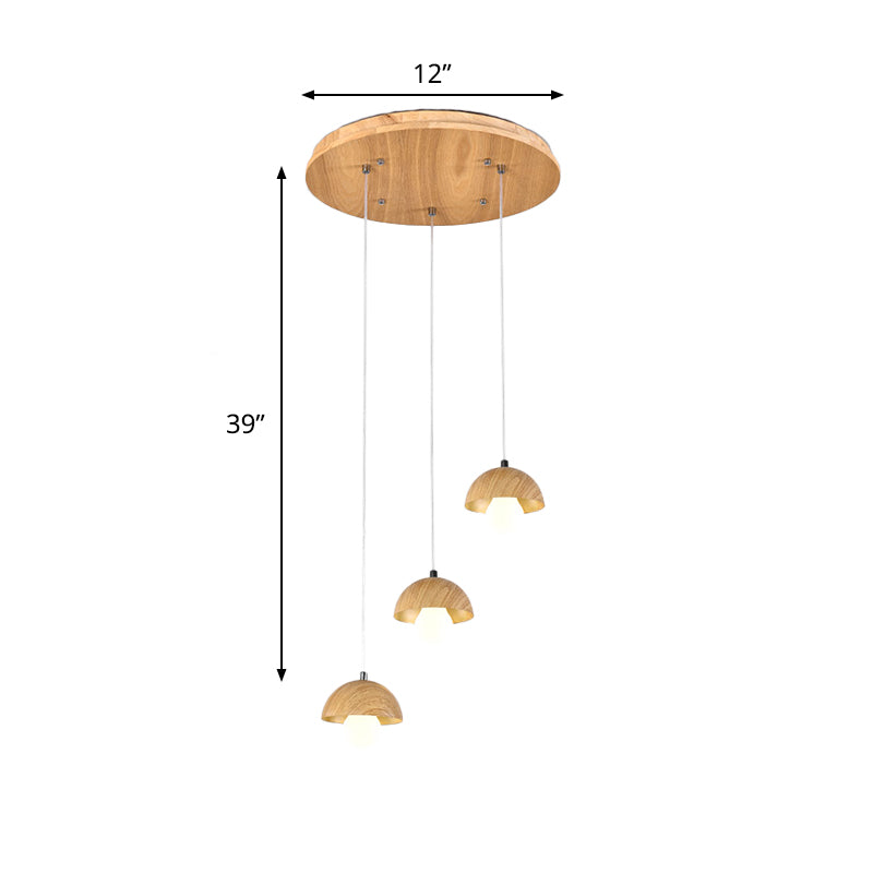 Wood Dome Multi Light Pendant Chandelier Modern 3 Bulbs Beige Hanging Ceiling Lamp Clearhalo 'Ceiling Lights' 'Modern Pendants' 'Modern' 'Pendant Lights' 'Pendants' Lighting' 737687