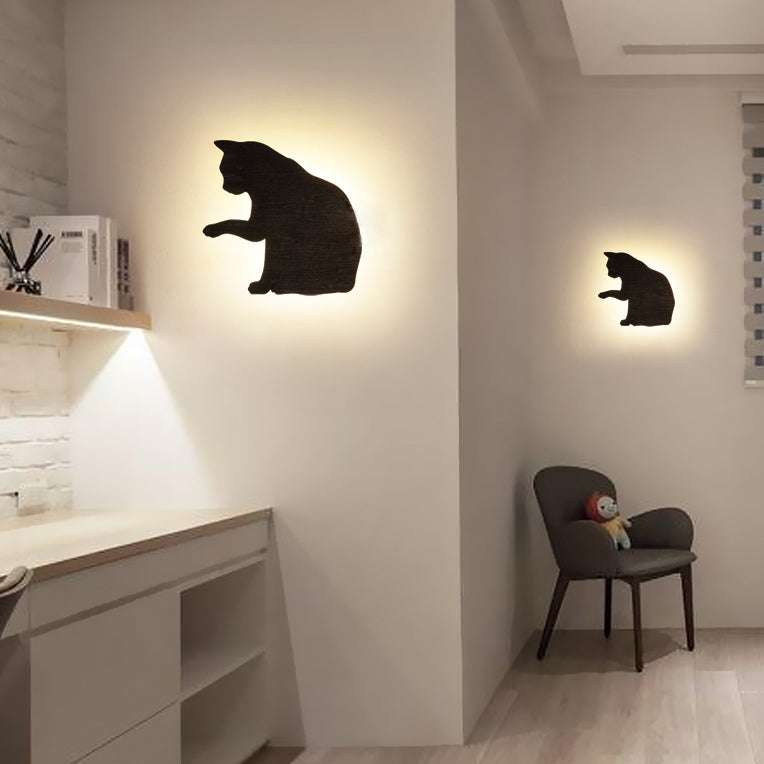 Kitten Kid Bedroom Hallway Sconce Light Wood Animal LED Wall Sconce in Black Finish Clearhalo 'Wall Lamps & Sconces' 'Wall Lights' Lighting' 73769