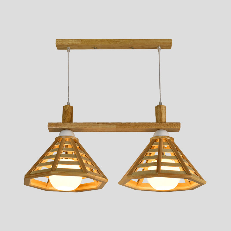 Modernist 2 Bulbs Multiple Hanging Light Beige Polygon Cage Drop Pendant Lamp with Wood Shade Clearhalo 'Ceiling Lights' 'Modern Pendants' 'Modern' 'Pendant Lights' 'Pendants' Lighting' 737694