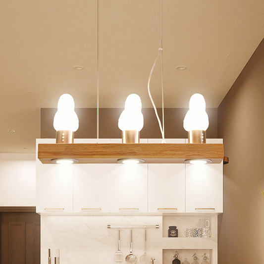 Modernism Rectangle Island Light Wood 3 Heads Dining Room Pendant Lamp with Bird White Glass Shade Wood Clearhalo 'Ceiling Lights' 'Island Lights' Lighting' 737696