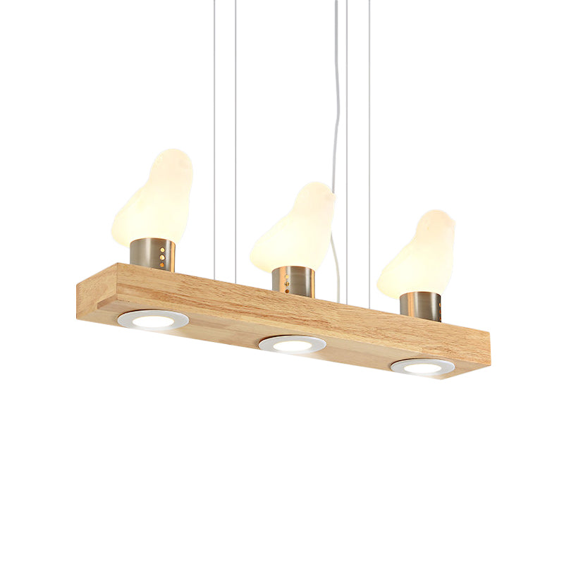 Modernism Rectangle Island Light Wood 3 Heads Dining Room Pendant Lamp with Bird White Glass Shade Clearhalo 'Ceiling Lights' 'Island Lights' Lighting' 737698