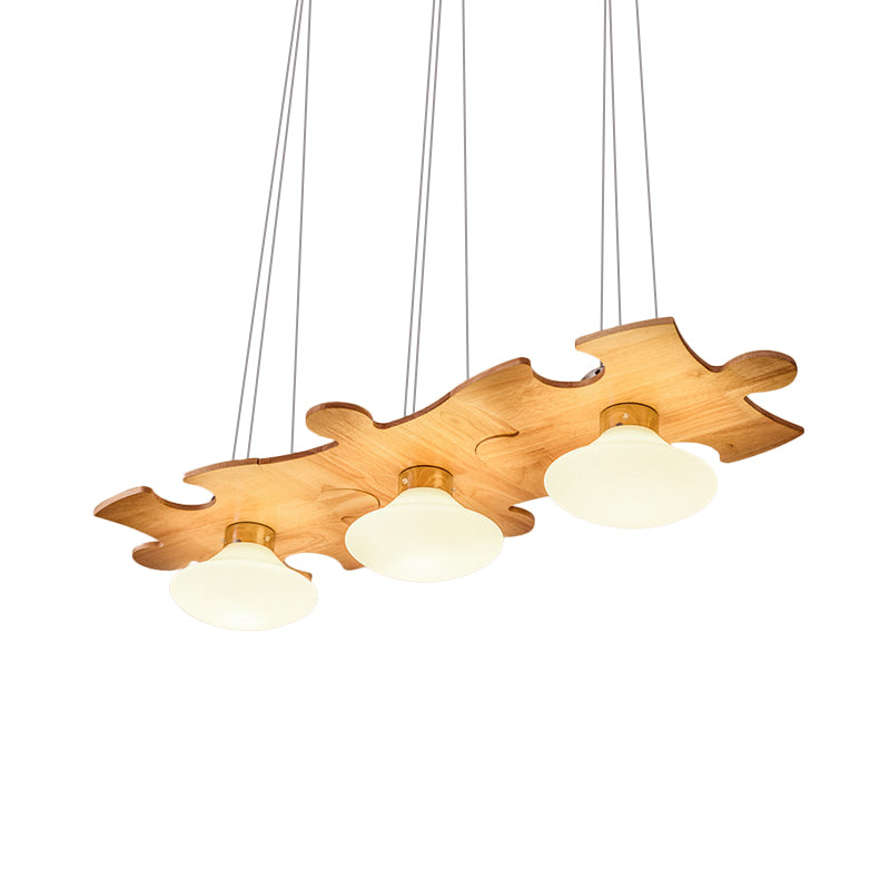 Cream Glass Jellyfish Multi Light Pendant Modernist 3-Light Suspension Lamp with Jigsaw Puzzle Wood Beam Clearhalo 'Ceiling Lights' 'Pendant Lights' 'Pendants' Lighting' 737701