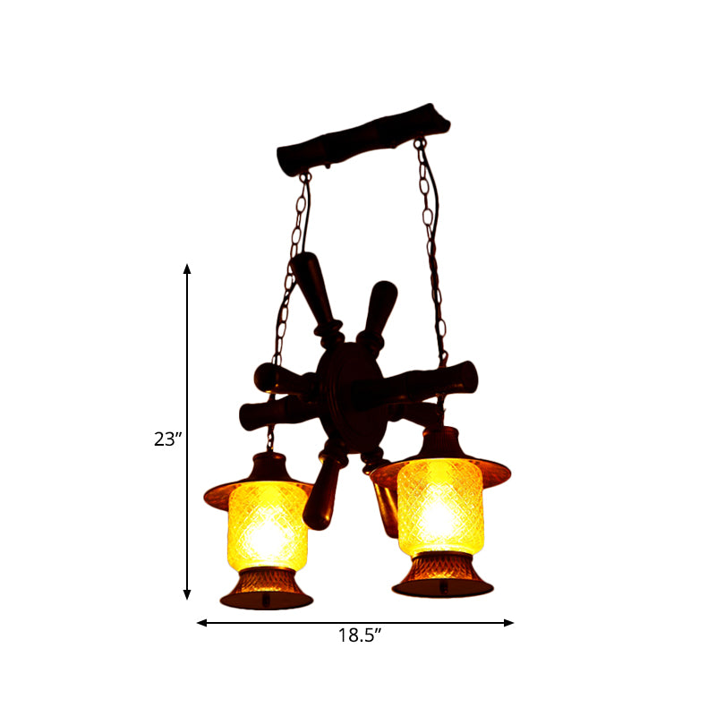 Factory Kerosene Chandelier Lamp 2 Lights Yellow Grid Glass Pendant Ceiling Light in Copper with Wood Rudder Design Clearhalo 'Ceiling Lights' 'Chandeliers' 'Glass shade' 'Glass' 'Industrial Chandeliers' 'Industrial' 'Middle Century Chandeliers' 'Pendant Lights' 'Tiffany' Lighting' 737711