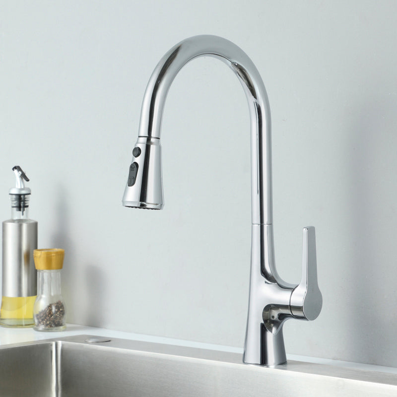 Modern Style Kitchen Faucet Gooseneck Copper Lever Handle Kitchen Faucet Silver Clearhalo 'Home Improvement' 'home_improvement' 'home_improvement_kitchen_faucets' 'Kitchen Faucets' 'Kitchen Remodel & Kitchen Fixtures' 'Kitchen Sinks & Faucet Components' 'kitchen_faucets' 7378276