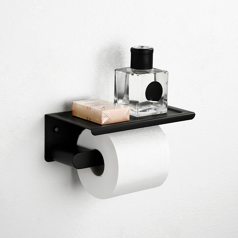 Minimalism Black Bathroom Accessory Set Contemporary Style Metal Towel Bar Toilet Paper Holder (8"L) Clearhalo 'Bathroom Hardware Sets' 'Bathroom Hardware' 'Bathroom Remodel & Bathroom Fixtures' 'bathroom_hardware_sets' 'Home Improvement' 'home_improvement' 'home_improvement_bathroom_hardware_sets' 7378764