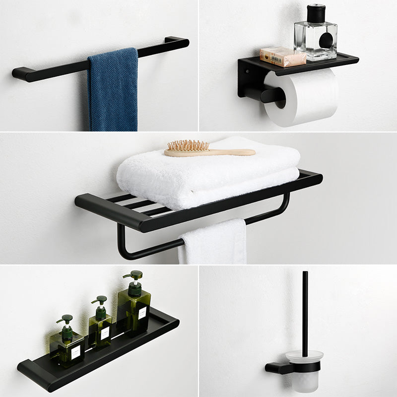 Minimalism Black Bathroom Accessory Set Contemporary Style Metal Towel Bar 5-Piece Set (Toilet Brush) Clearhalo 'Bathroom Hardware Sets' 'Bathroom Hardware' 'Bathroom Remodel & Bathroom Fixtures' 'bathroom_hardware_sets' 'Home Improvement' 'home_improvement' 'home_improvement_bathroom_hardware_sets' 7378766