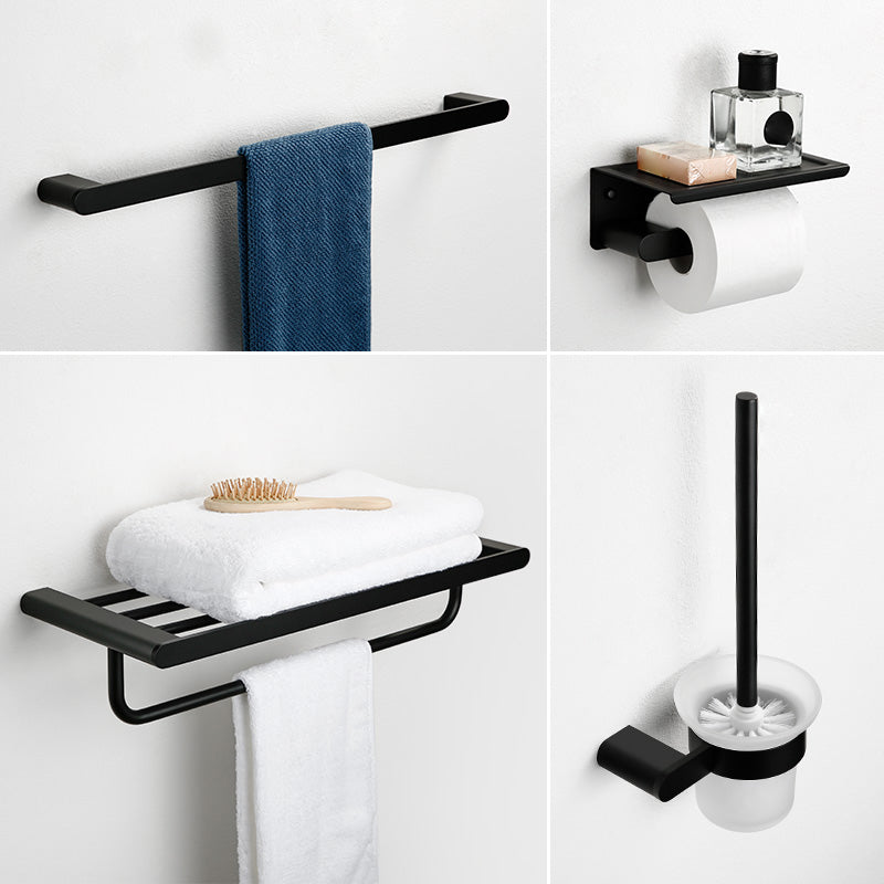 Minimalism Black Bathroom Accessory Set Contemporary Style Metal Towel Bar 4-Piece Set (Toilet Brush) Clearhalo 'Bathroom Hardware Sets' 'Bathroom Hardware' 'Bathroom Remodel & Bathroom Fixtures' 'bathroom_hardware_sets' 'Home Improvement' 'home_improvement' 'home_improvement_bathroom_hardware_sets' 7378769