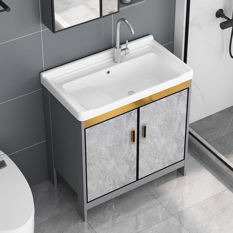 Bath Vanity Single Sink Metal Frame Grey Rectangular 2 Doors Freestanding Vanity Clearhalo 'Bathroom Remodel & Bathroom Fixtures' 'Bathroom Vanities' 'bathroom_vanities' 'Home Improvement' 'home_improvement' 'home_improvement_bathroom_vanities' 7379910