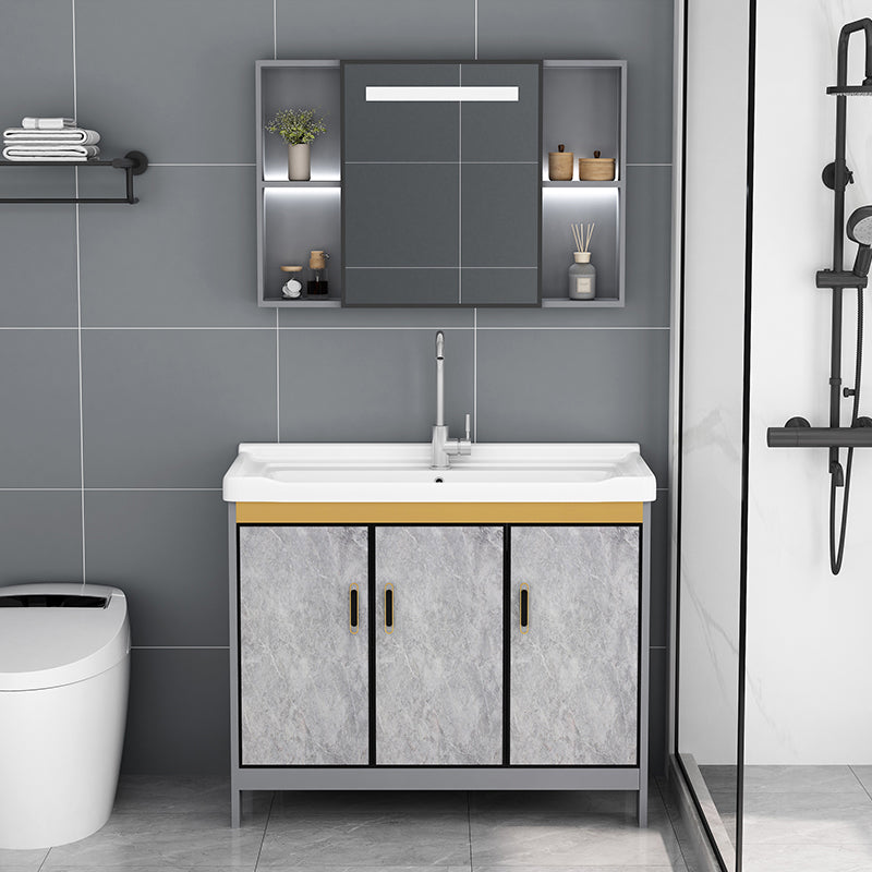 Bath Vanity Single Sink Metal Frame Grey Rectangular 2 Doors Freestanding Vanity Clearhalo 'Bathroom Remodel & Bathroom Fixtures' 'Bathroom Vanities' 'bathroom_vanities' 'Home Improvement' 'home_improvement' 'home_improvement_bathroom_vanities' 7379912