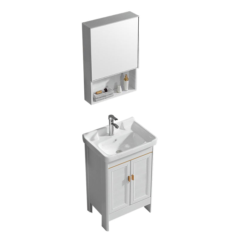 White Freestanding Vanity Rectangular 2 Doors Metal Frame Mirror Single Sink Vanity Vanity & Faucet & Mirror Cabinet 20"L x 14"W x 33"H Clearhalo 'Bathroom Remodel & Bathroom Fixtures' 'Bathroom Vanities' 'bathroom_vanities' 'Home Improvement' 'home_improvement' 'home_improvement_bathroom_vanities' 7379962