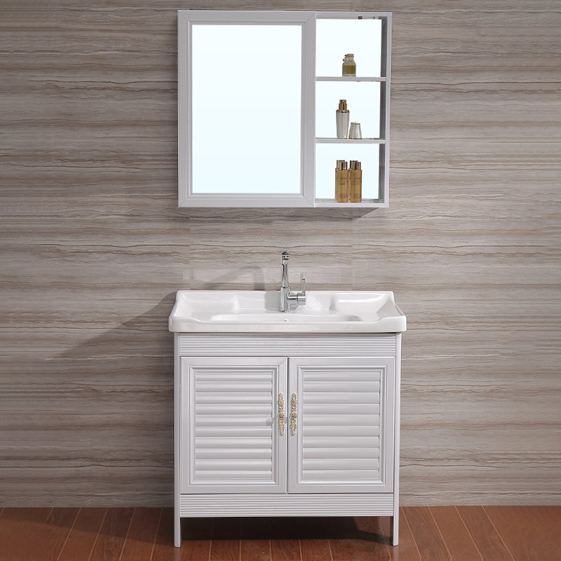 White Freestanding Vanity Rectangular 2 Doors Metal Frame Mirror Single Sink Vanity Clearhalo 'Bathroom Remodel & Bathroom Fixtures' 'Bathroom Vanities' 'bathroom_vanities' 'Home Improvement' 'home_improvement' 'home_improvement_bathroom_vanities' 7379963