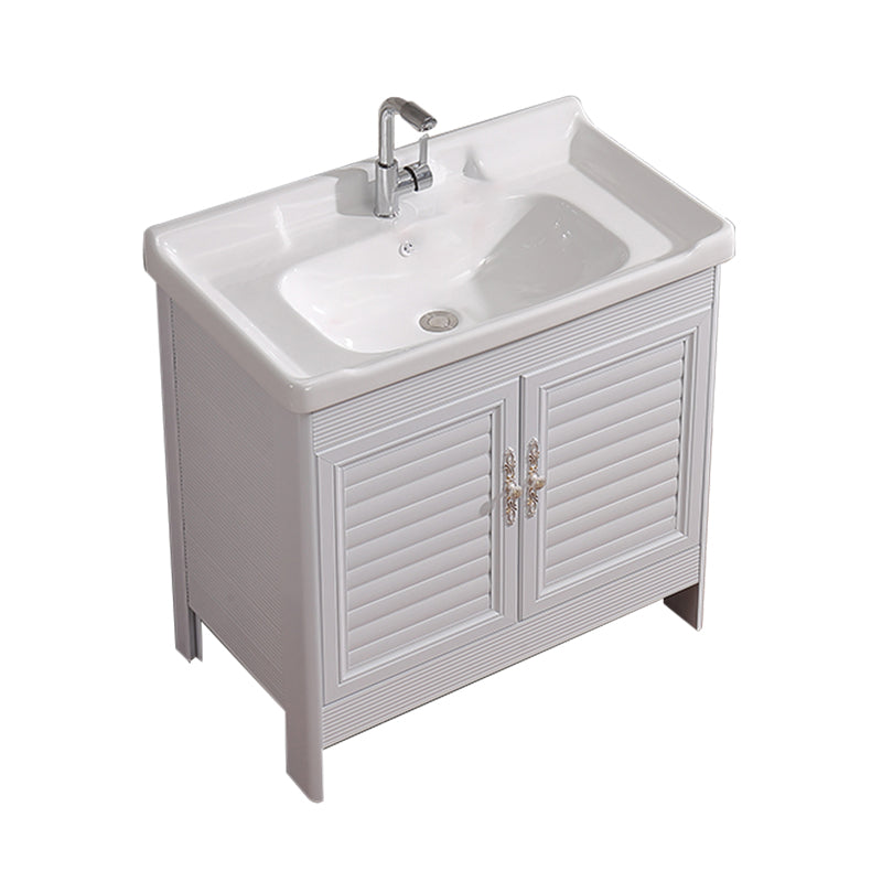 White Freestanding Vanity Rectangular 2 Doors Metal Frame Mirror Single Sink Vanity Vanity & Faucet Clearhalo 'Bathroom Remodel & Bathroom Fixtures' 'Bathroom Vanities' 'bathroom_vanities' 'Home Improvement' 'home_improvement' 'home_improvement_bathroom_vanities' 7379968