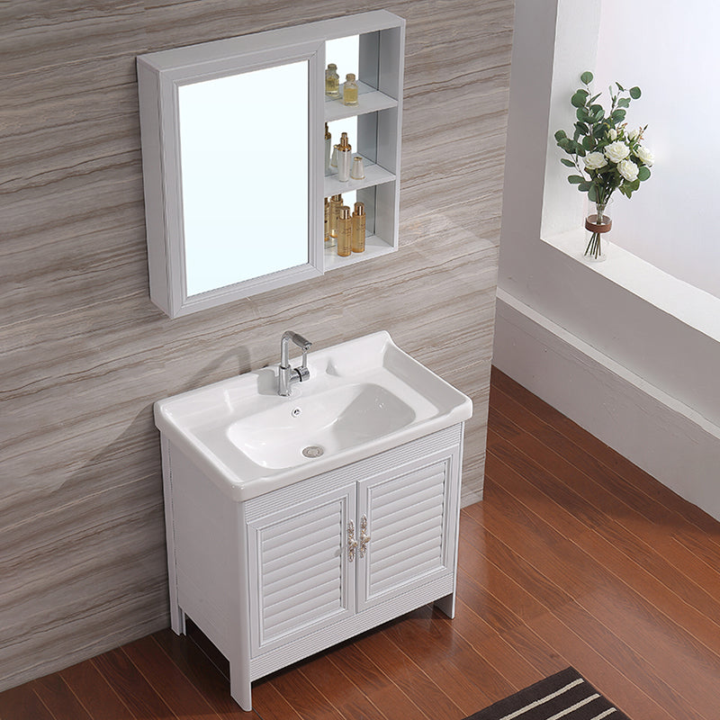 White Freestanding Vanity Rectangular 2 Doors Metal Frame Mirror Single Sink Vanity Clearhalo 'Bathroom Remodel & Bathroom Fixtures' 'Bathroom Vanities' 'bathroom_vanities' 'Home Improvement' 'home_improvement' 'home_improvement_bathroom_vanities' 7379971