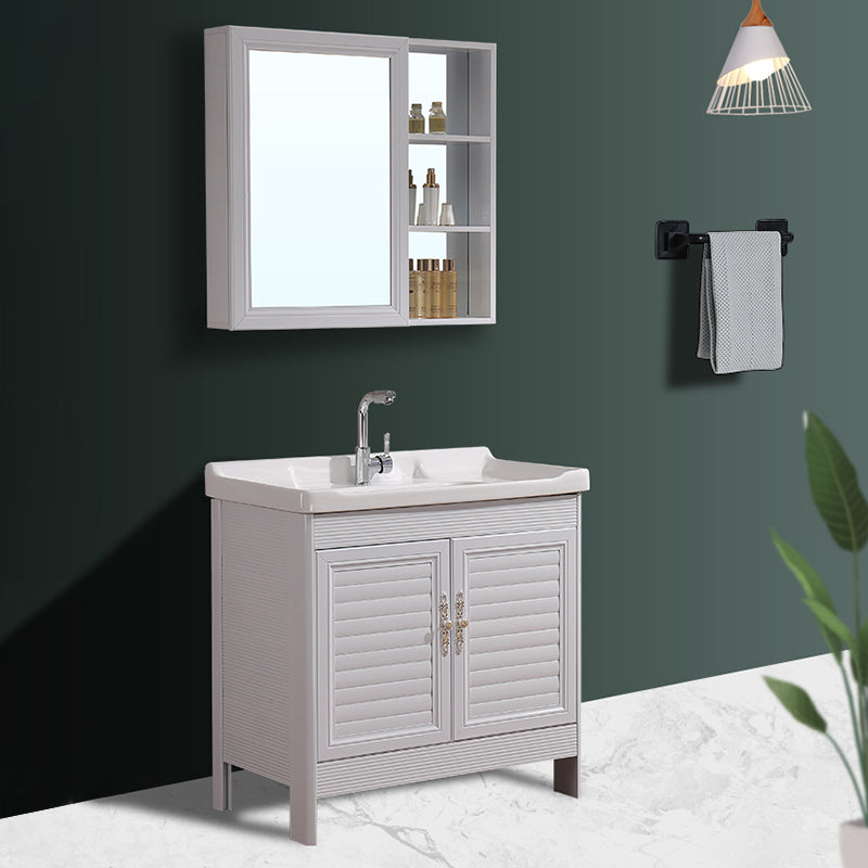 White Freestanding Vanity Rectangular 2 Doors Metal Frame Mirror Single Sink Vanity Clearhalo 'Bathroom Remodel & Bathroom Fixtures' 'Bathroom Vanities' 'bathroom_vanities' 'Home Improvement' 'home_improvement' 'home_improvement_bathroom_vanities' 7379972